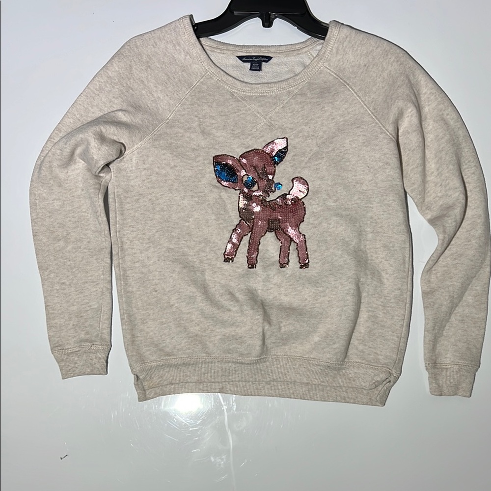 American Eagle Outfitters Cream Crewneck Sweatshirt with Sequin Deer
